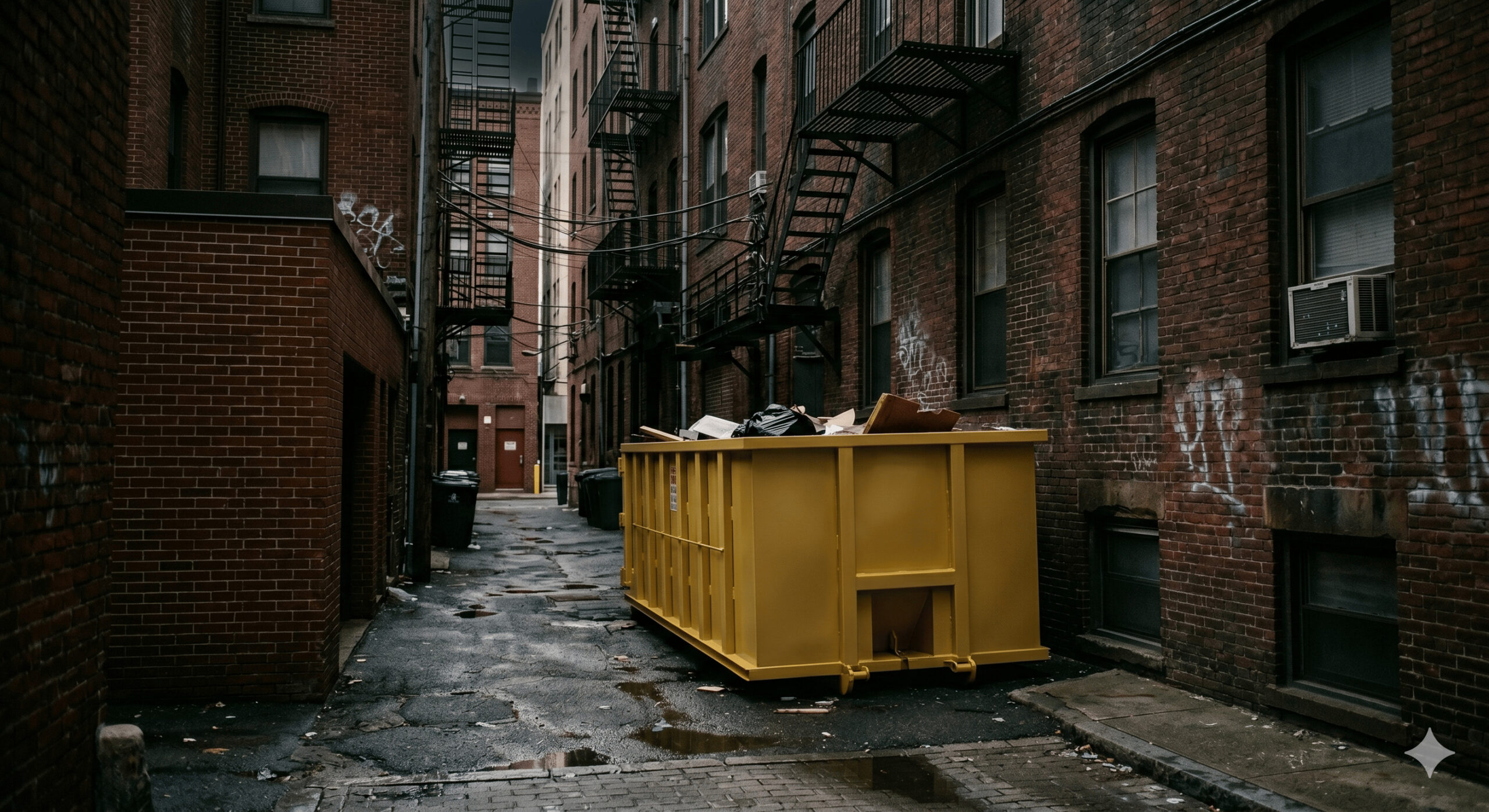 Wooden pallets used for supporting dumpsters in property management settings.