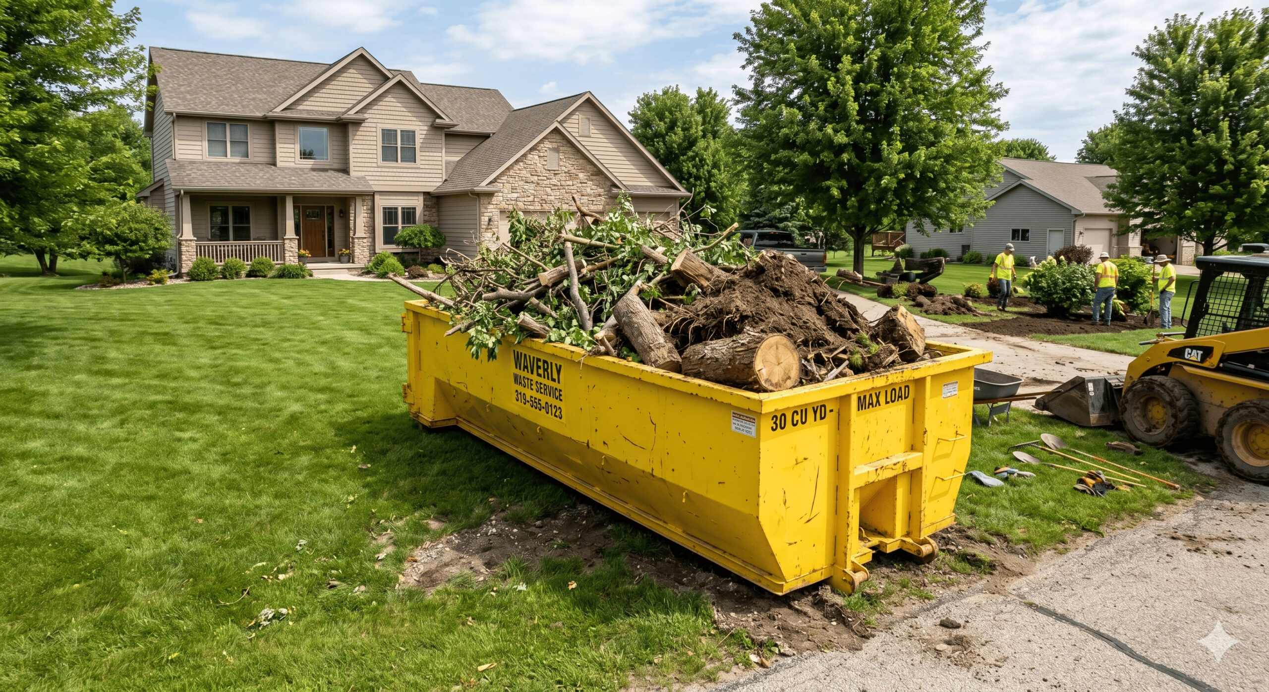 Tree removal debris in a residential yard with houses in the background.