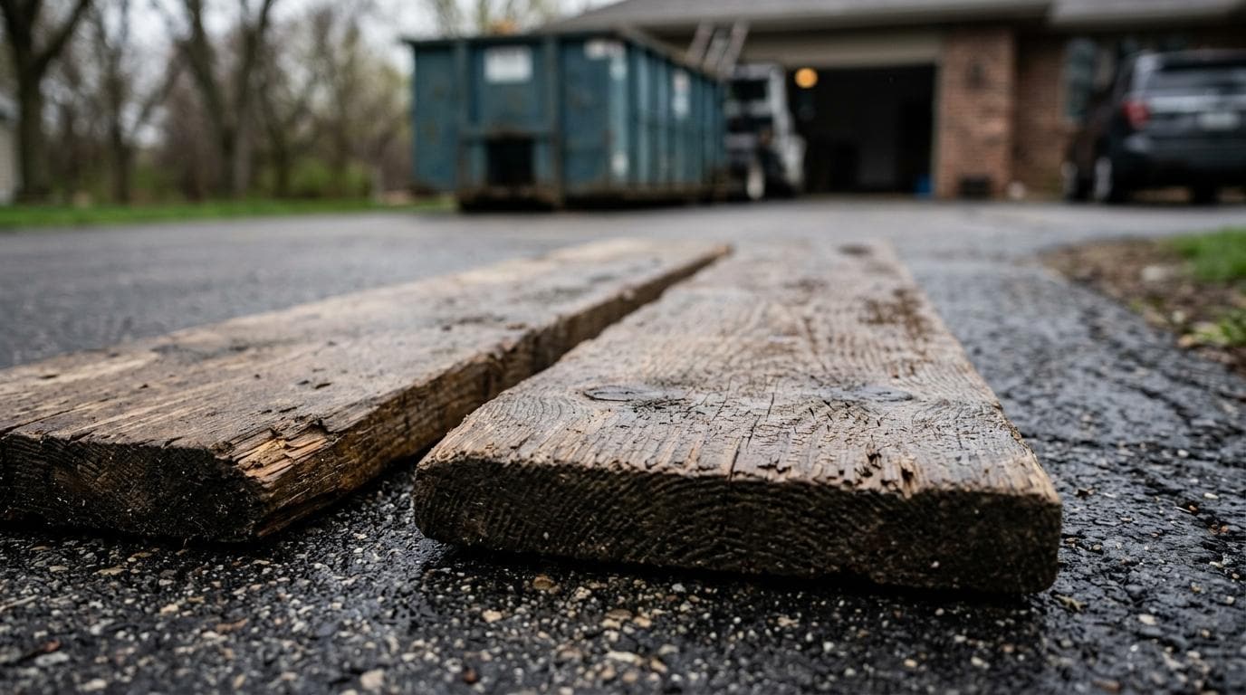 Close-up of wooden planks on driveway for garage cleanout.