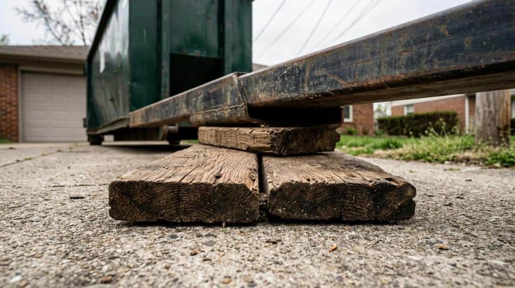 Dumpster on wooden supports for roofing debris disposal.