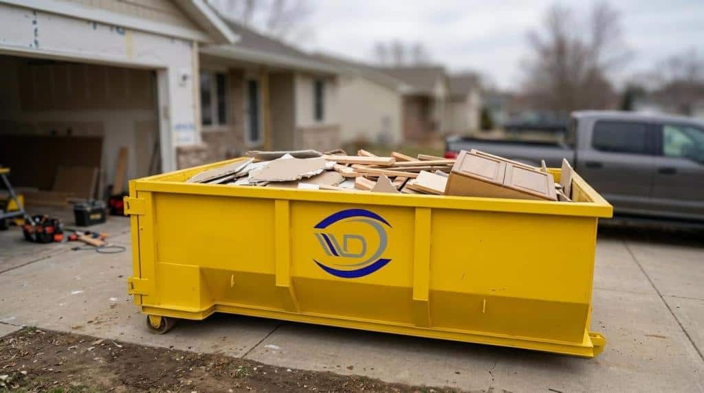 Construction debris dumpster for waste removal and recycling services.