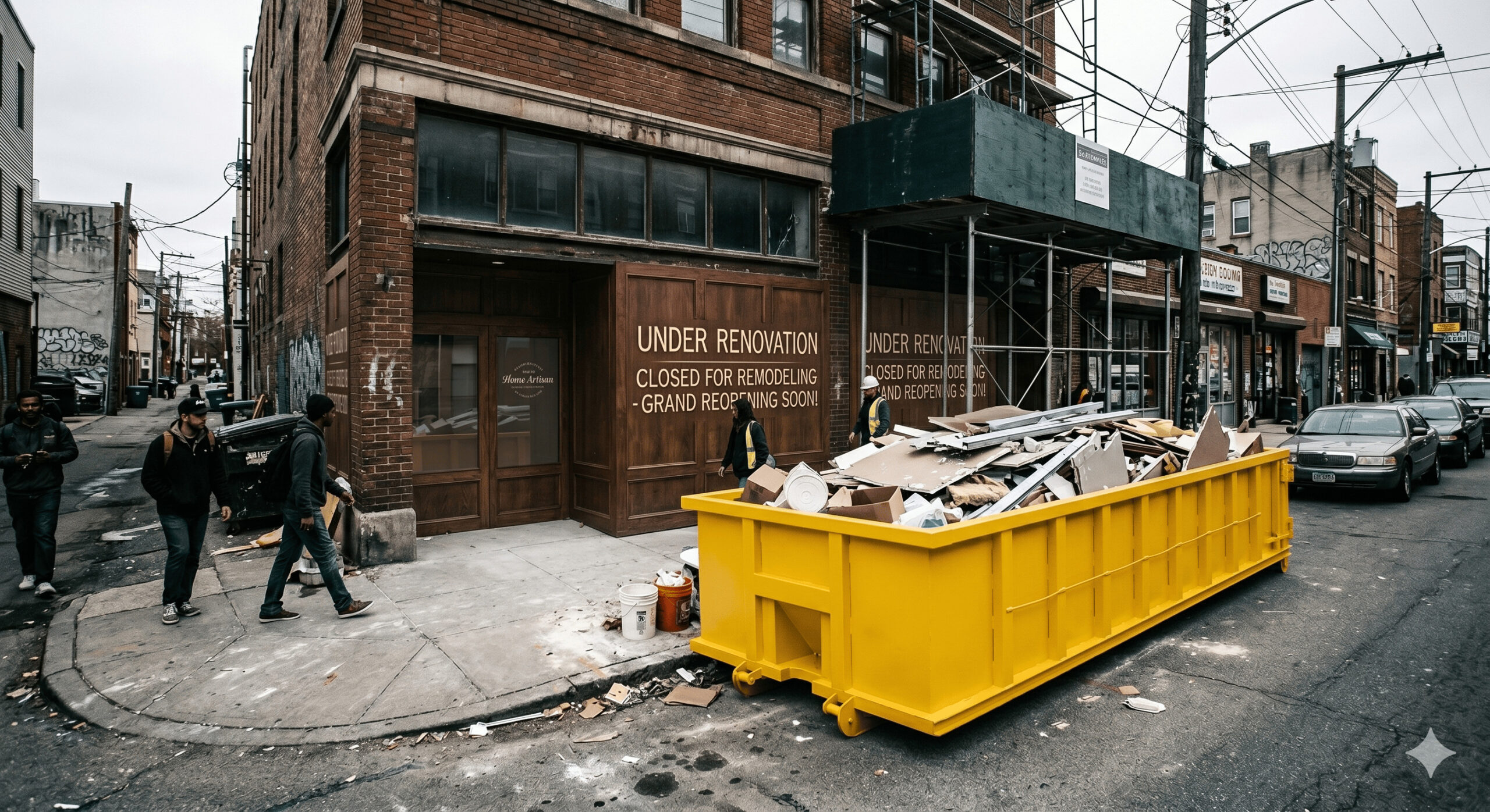Commercial dumpster with wooden wheel chock for secure placement.