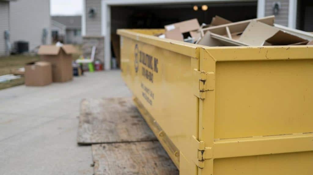 Commercial waste container filled with cardboard and debris at a construction site.
