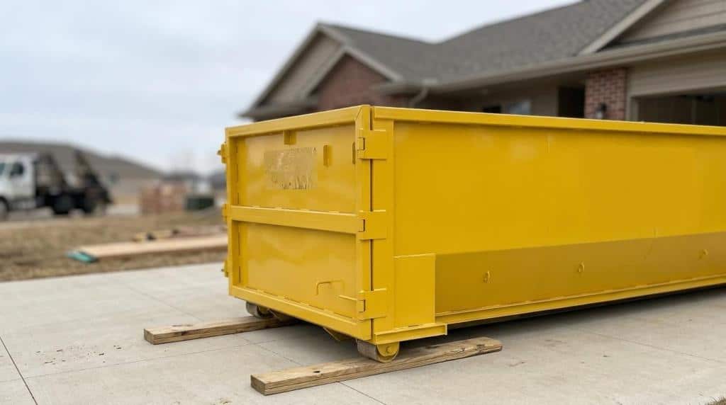 Large yellow dumpster on concrete driveway for construction waste.