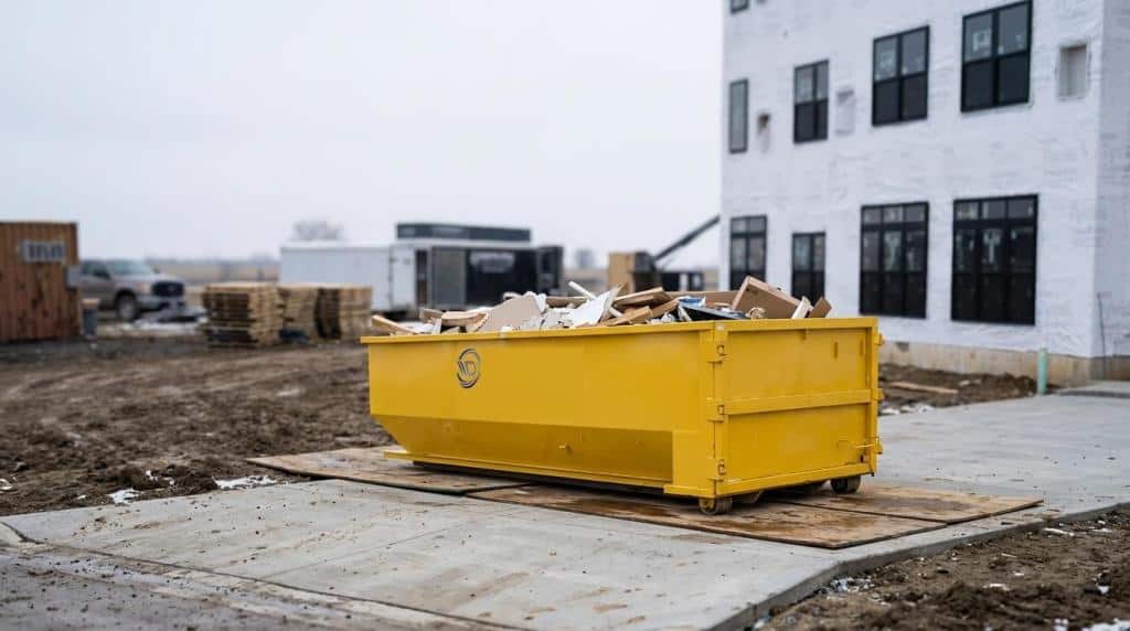 Yellow construction dumpster on site for debris removal.