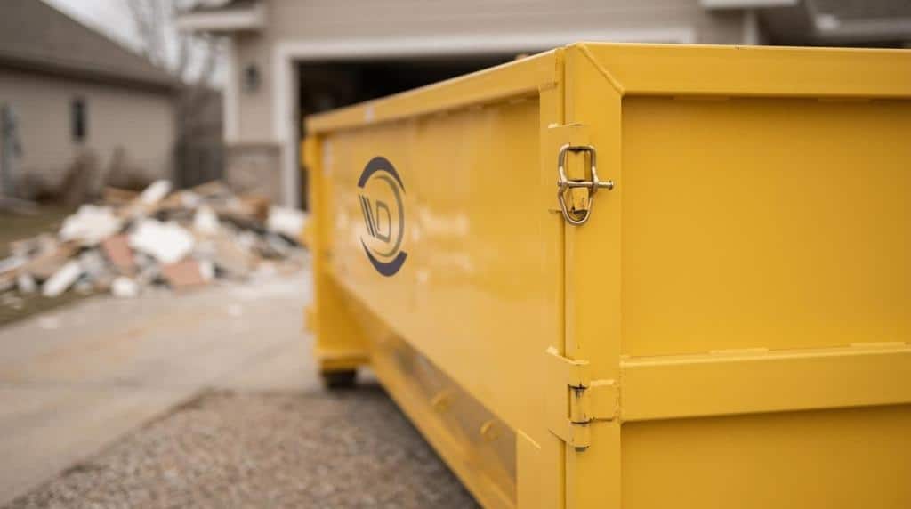 Bright yellow dumpster for construction debris at a building site.