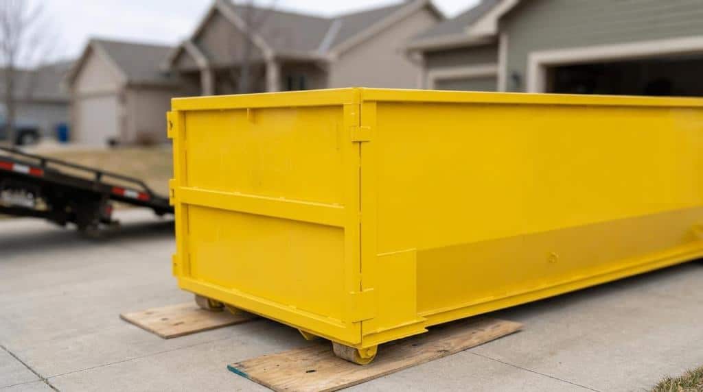 Heavy-duty yellow dumpster for waste disposal and construction cleanup.