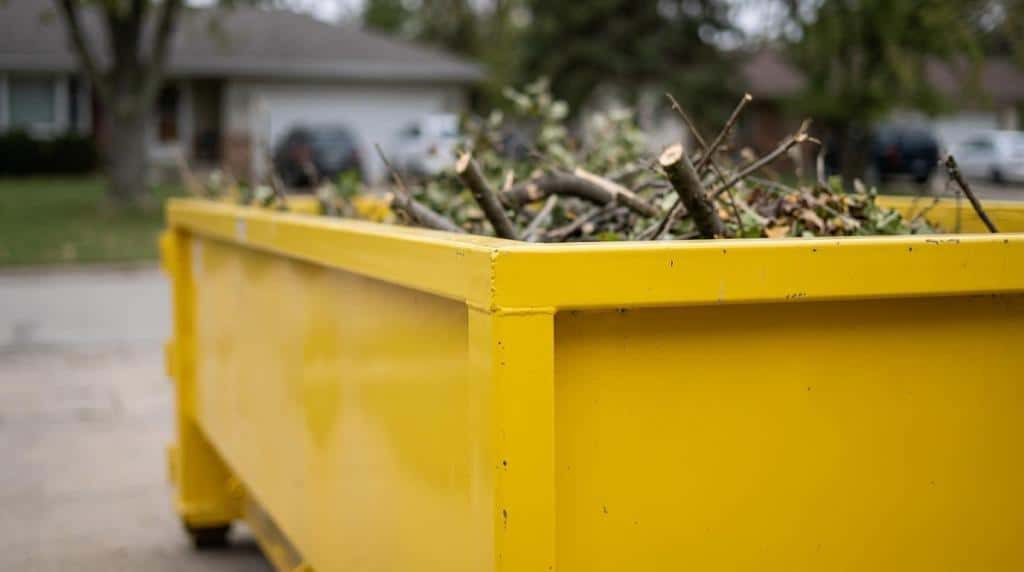 Yellow dumpster filled with yard waste and branches for disposal.
