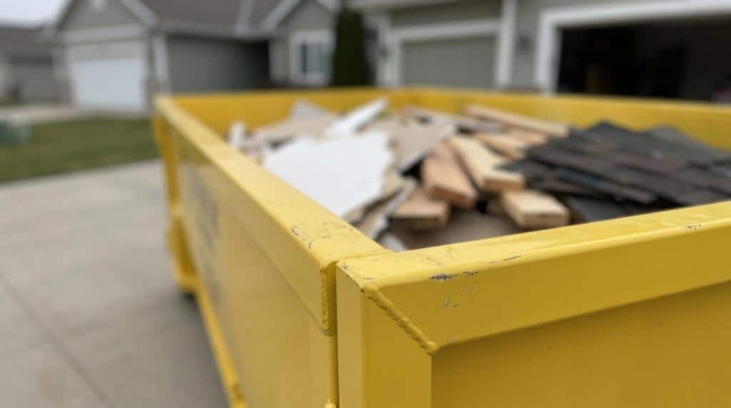Yellow dumpster filled with construction debris and wood scraps for waste disposal.